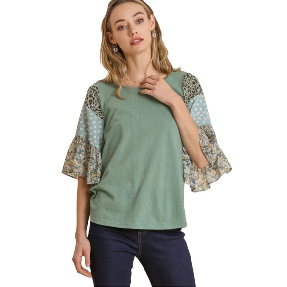 NWT UMGEE - MIXED PRINT RUFFLE SLEEVE TOP, DUSTY MINT - Picture 9 of 10